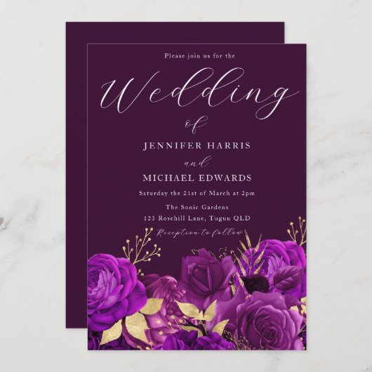 Invitation Mariage floral violet et or (Devant / Derrière)