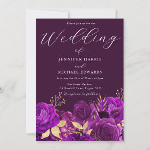 Invitation Mariage floral violet et or