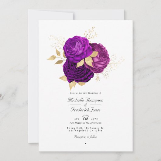 Invitation Mariage Floral Violet et Or QR Code Rsvp (Devant)