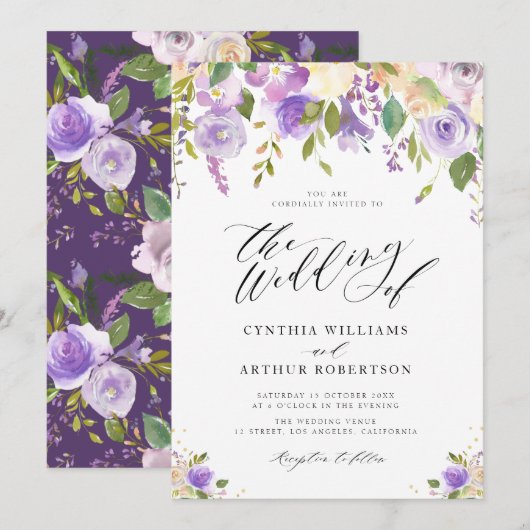 Invitation mariage floral violet et pêche (Devant / Derrière)