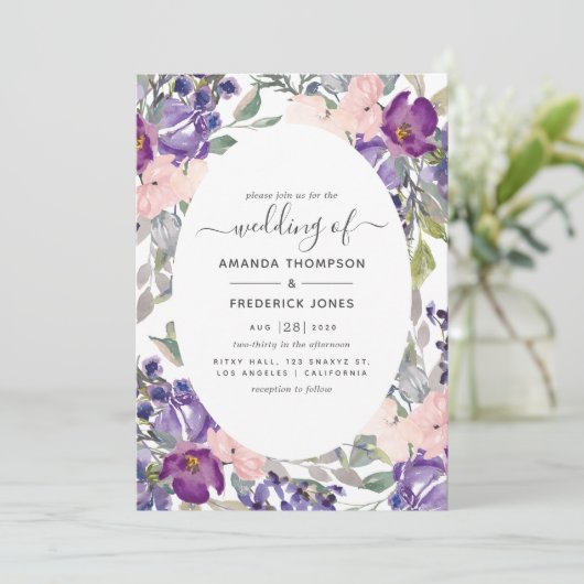 Invitation Mariage floral violet et prune (Debout devant)