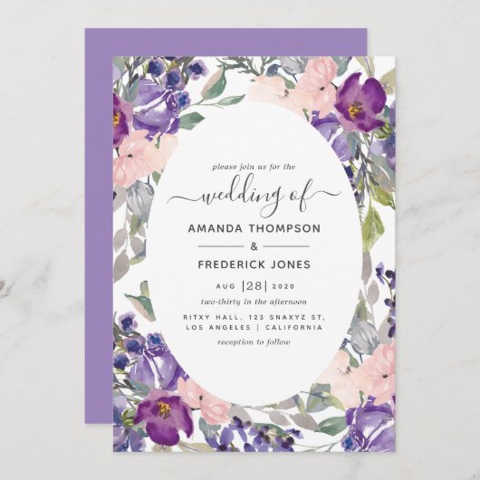 Invitation Mariage floral violet et prune (Devant / Derrière)