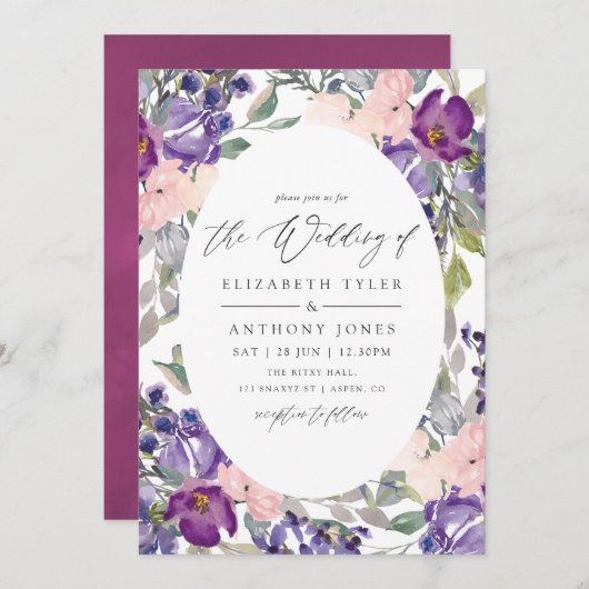 Invitation Mariage floral violet et prune (Devant / Derrière)