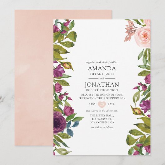 Invitation Mariage floral violet et rose (Devant / Derrière)