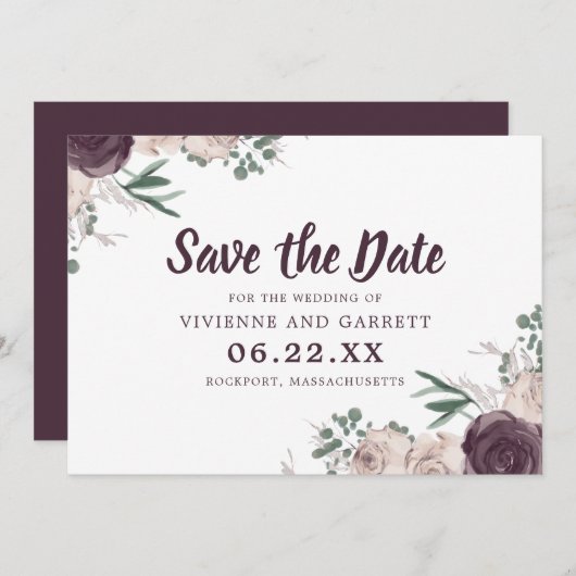 Invitation Mariage floral violet et rose Enregistrer la date (Devant / Derrière)