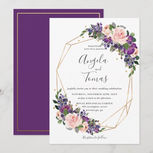 Invitation Mariage floral violet  géométrique Gold Frame (Devant / Derrière)