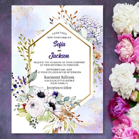 Invitation Mariage floral violet géométrique or