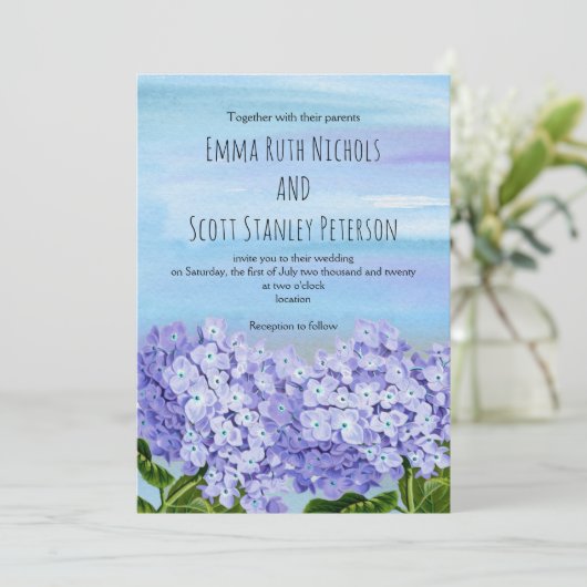 Invitation Mariage floral violet, hydrangée bleue (Debout devant)