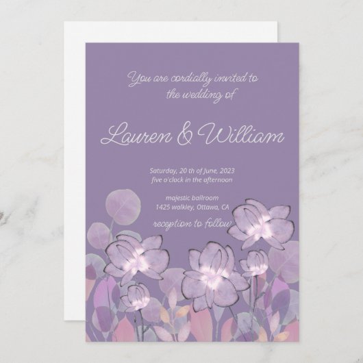 Invitation Mariage floral violet mauve pastel (Devant / Derrière)