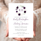 Invitation Mariage floral violet monogramme