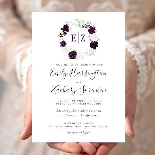 Invitation Mariage floral violet monogramme