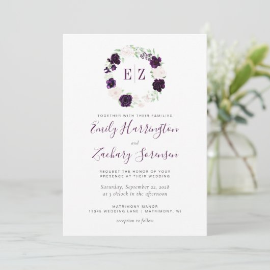 Invitation Mariage floral violet monogramme (Debout devant)
