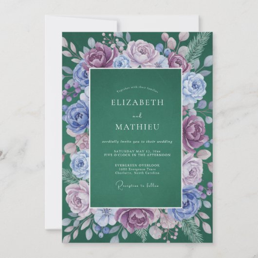 Invitation Mariage Floral Violet Profond Verdoyant (Devant)