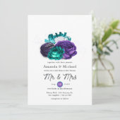 Invitation Mariage floral violet rustique et turquoise (Debout devant)