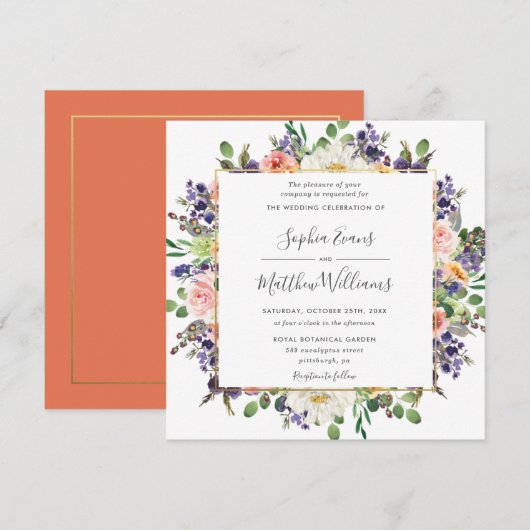 Invitation Mariage floral violet vibrant de Pêche ivoire Blus (Devant / Derrière)