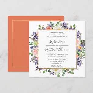 Invitation Mariage floral violet vibrant de Pêche ivoire Blus