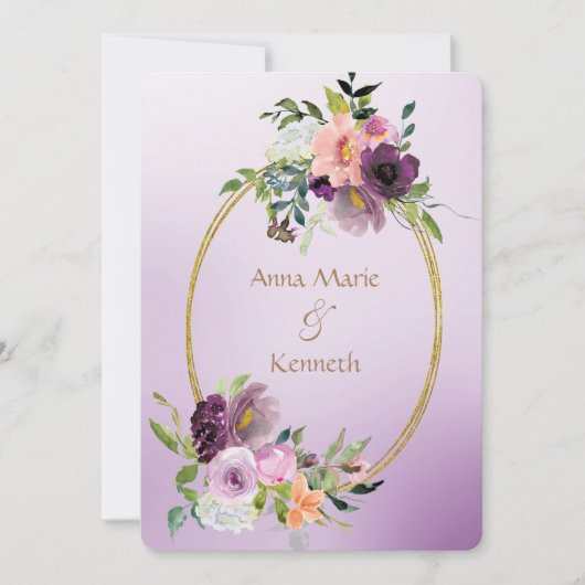 Invitation Mariage Floral violet violet double cadre or (Devant)