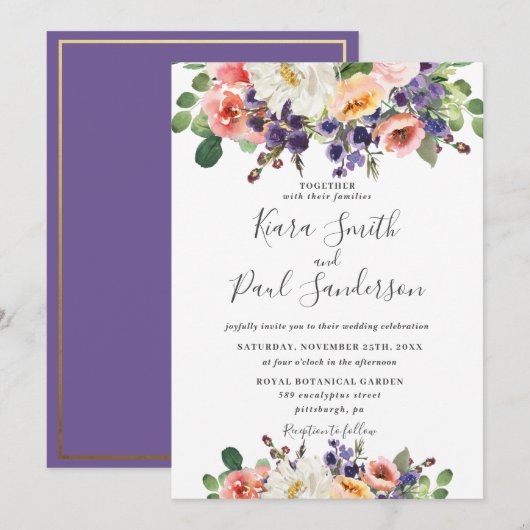 Invitation Mariage floral violet violet vif de la Pêche orang (Devant / Derrière)