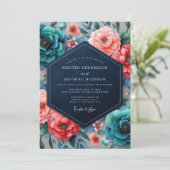 Invitation Mariage Florale Chromatique Corail Sarcelle (Debout devant)