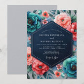 Invitation Mariage Florale Chromatique Corail Sarcelle (Devant / Derrière)