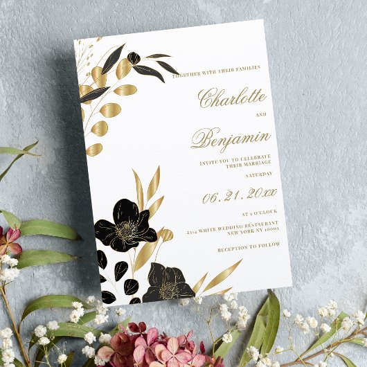 Invitation Mariage florale luxueuse couleur or noir