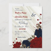 Invitation mariage florale rouge et bleu marine (Devant)