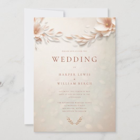 Invitation Mariage floraux de pêche à l'ivoire (Devant)