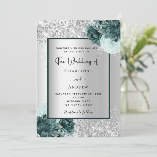 Invitation Mariage floraux vert argent (Debout devant)