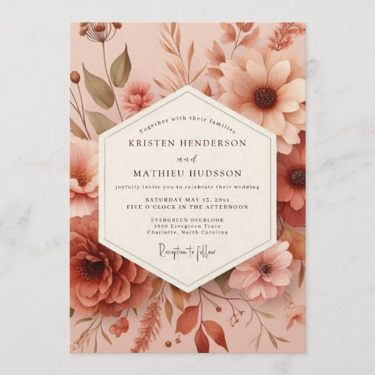 Invitation Mariage Flore Automnale Rose (Devant)
