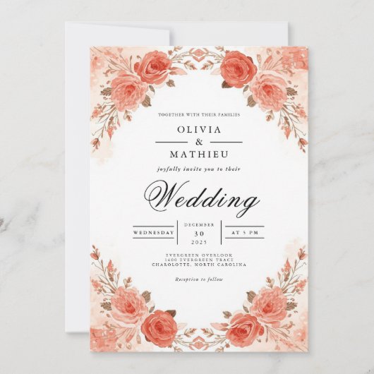 Invitation Mariage Flore d'Arche Rose Corail (Devant)