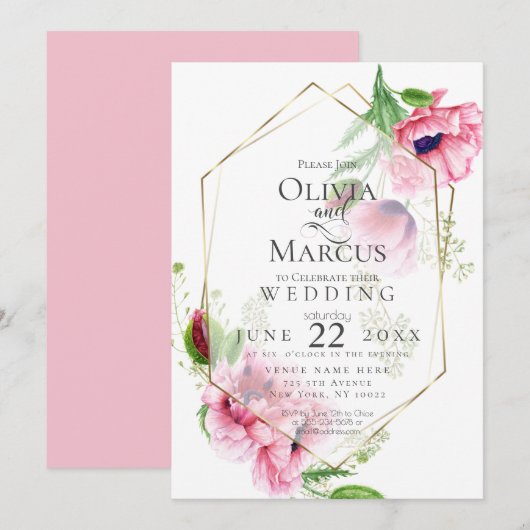 Invitation MARIAGE | Flore de pavot rose printanier (Devant / Derrière)
