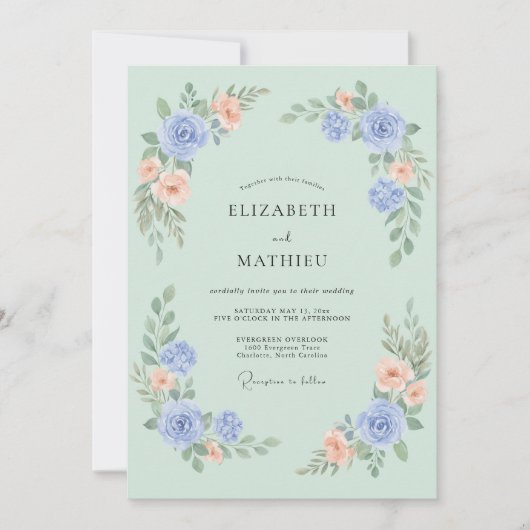 Invitation Mariage Flore Délicate Vert Menthe (Devant)