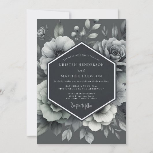 Invitation Mariage Flore Gravée Graphite (Devant)