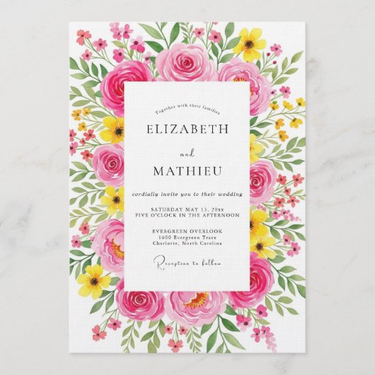 Invitation Mariage Flore Impressionniste Fuchsia (Devant)