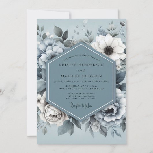 Invitation Mariage Flore Monotone Bleu Acier (Devant)
