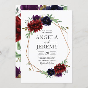 Invitation Mariage Flush Burgundy Floral Modern Gold Frame