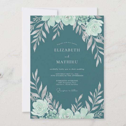 Invitation Mariage foncé aqua ranunculus eucalyptus (Devant)