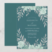 Invitation Mariage foncé aqua ranunculus eucalyptus (Devant / Derrière)