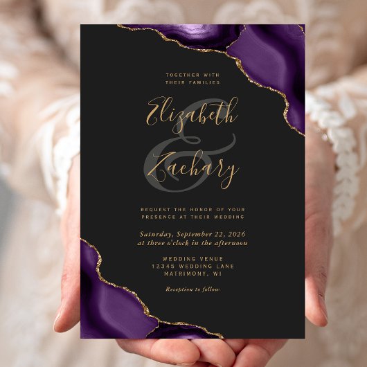 Invitation Mariage foncé des coins d'agate doré violet