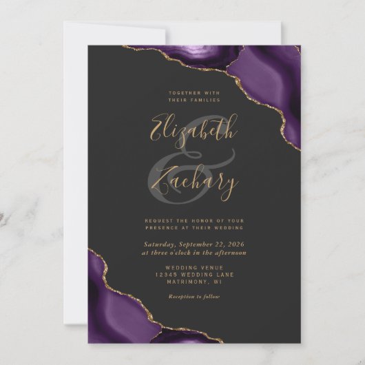Invitation Mariage foncé des coins d'agate doré violet (Devant)