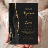 Invitation Mariage foncé moderne Noir Or Agate