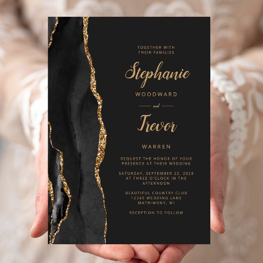 Invitation Mariage foncé moderne Noir Or Agate