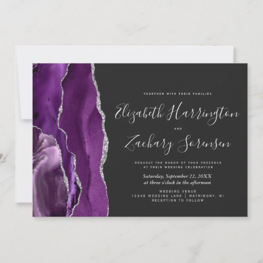 Invitation Mariage foncé moderne violet argenté (Devant)