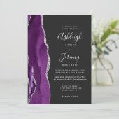 Invitation Mariage foncé moderne violet argenté (Debout devant)