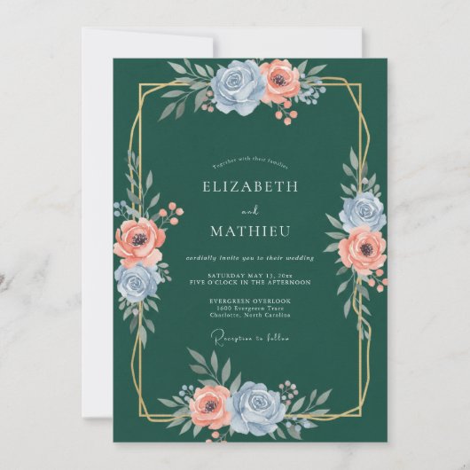 Invitation Mariage Foncé sarcelle Or Ranunculus Gris Eucalypt (Devant)