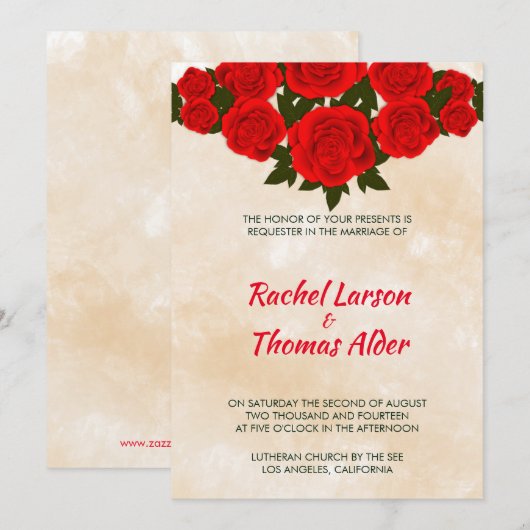 Invitation Mariage Fond Beige Et Roses Rouges (Devant / Derrière)