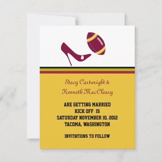 Invitation Mariage Football Rouge Bordeaux & Jaune Économisez (Devant)