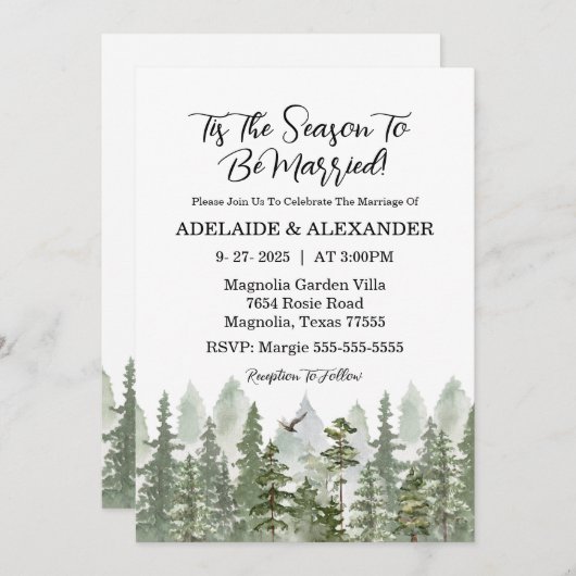 Invitation Mariage forestier de bois vert (Devant / Derrière)