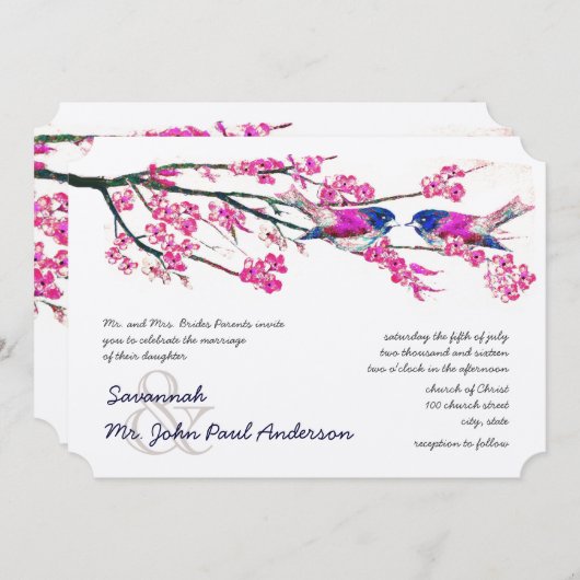 Invitation Mariage forestier Inséparable bleu de la marine ro (Devant / Derrière)