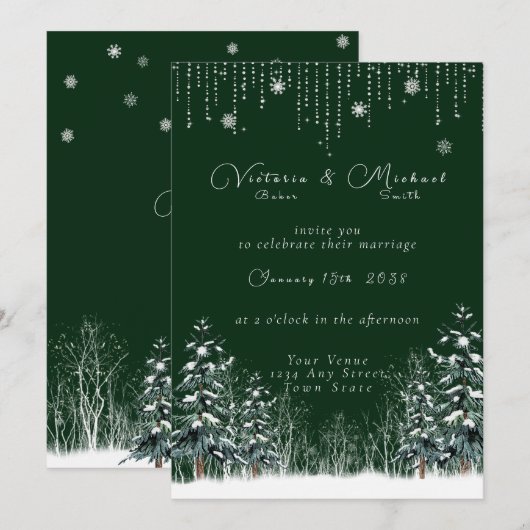 Invitation Mariage Forêt d'Hiver Neige Pins (Devant / Derrière)